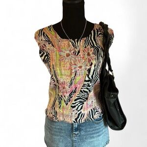 Alberto Makali Women’s Floral Zebra Print Cap Sleeve Top in Pink & Black, Size M